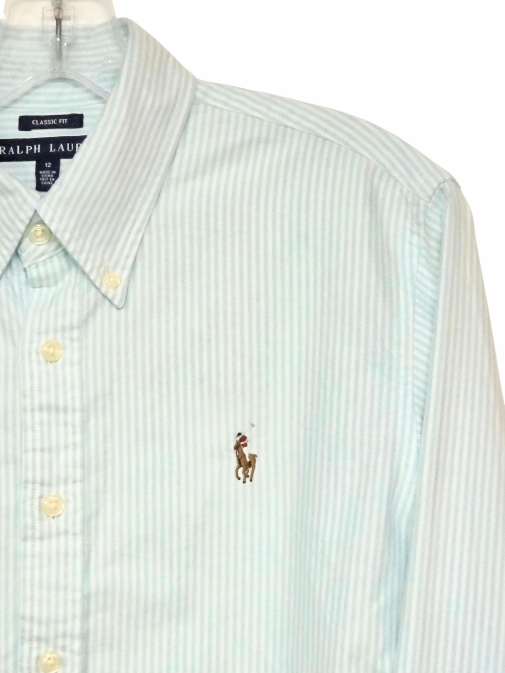 Ralph Lauren Classic Fit Teal White Stripe Button Down Colored Pony Size 12 - Picture 3 of 12